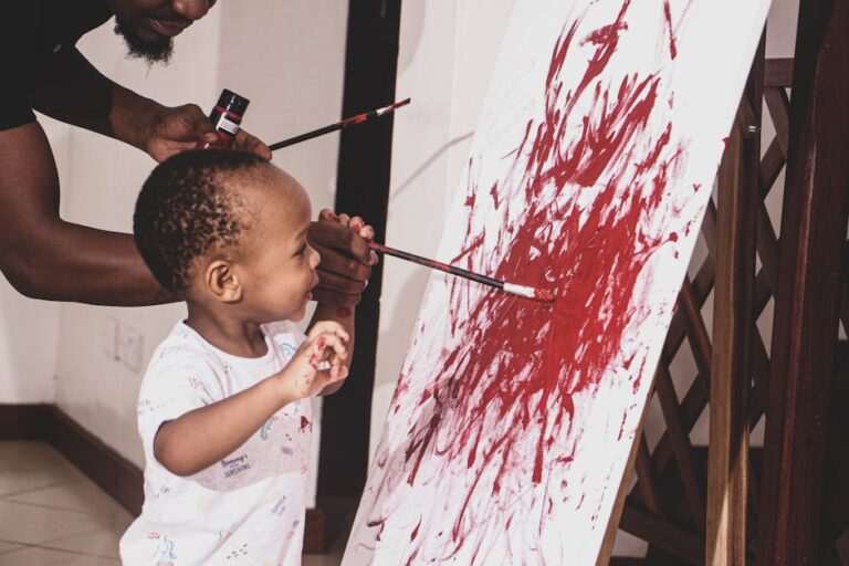 A father and son bonding over painting in their home, creating art together indoors.